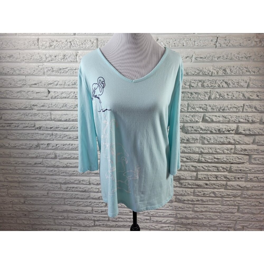 Coral Bay 1X Blue Flamingo Top 3/4 Sleeve V-Neck Cotton Jersey Blouse BLU97E